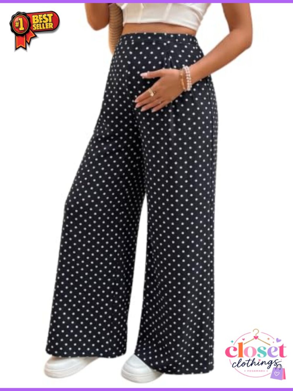 Women's Maternity Flowy Wide Leg Palazzo Pants Polka Dot Pregnancy Trousers